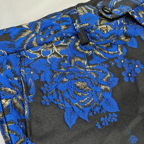 AKIRA | 34L Avant Garde Prom Blue Black Gold Metallic Brocade Trouser Pants - Picture 3 of 8